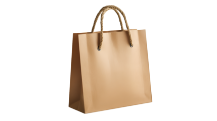Empty brown paper shopping bag with twisted rope handles for retail on transparent background