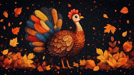 Colorful turkey amidst autumn leaves on dark background.