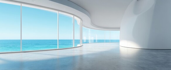 The Room with Curved Glass Walls Overlooking a Bright Minimalist Ocean View