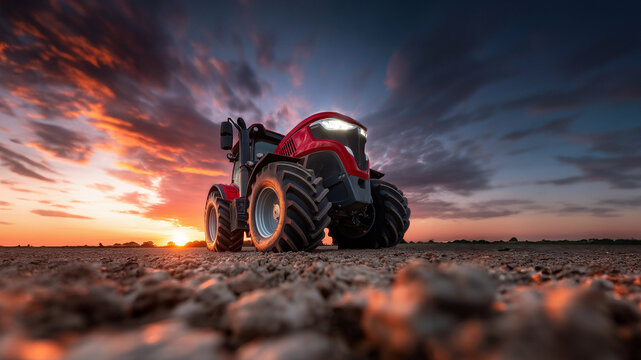 Roter Traktor f&auml;hrt dynamisch &uuml;ber Feld bei dramatischem Sonnenuntergang