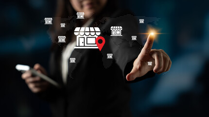 A businesswoman interacts with a virtual map displaying location-based services for retail, highlighting the impact of technology on global commerce and market strategies. Gantry