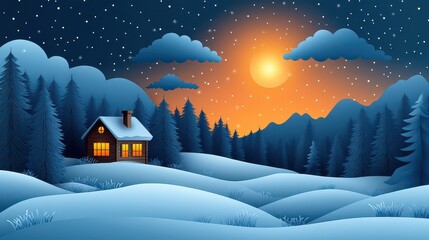 Cozy cabin in snowy winter landscape at night, illuminated windows, starry sky, full moon.