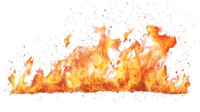 Intense horizontal line of bright orange and yellow fire with glowing embers on transparent background