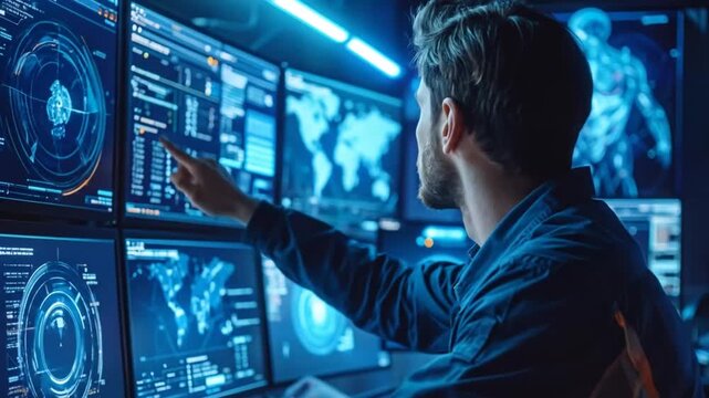 Man Analyzes Data on Computer Screens in Control Room.