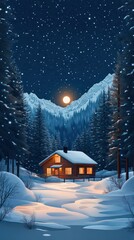 Cozy cabin nestled in snowy mountains under a starry night sky.