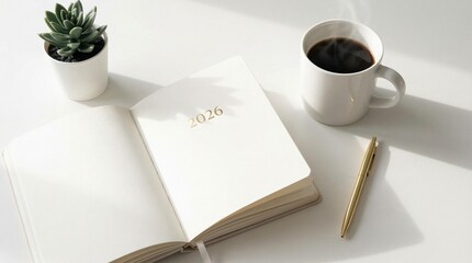 A clean, minimalist flat lay photograph of a white desk featuring an open "2026" planner in gold foil, a steaming coffee cup, a gold pen, and a small succulent. The bright morning light creates a fres