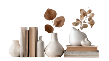 Minimalistic interior decor with stacked books white ceramic vases and dried leaves isolated on white background