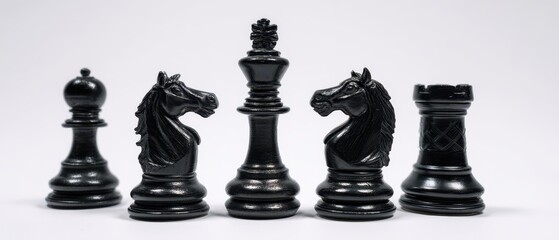 The Black Chess Pieces Arranged in a Row on White Background