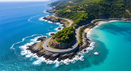 Winding coastal road through lush green mountains and rocky shores, with stunning turquoise ocean waters and pristine beaches, a captivating aerial view of nature