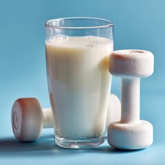Protein shake with dumbbells for fitness and nutrition