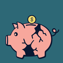 broken piggy bank vector illustration. Ideal for finance, savings, money management, or budgeting visuals.