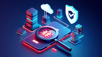 Digital security concept with bug magnifying glass on smartphone and servers technology