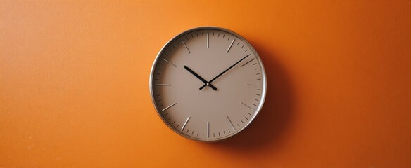 The clock on a vivid orange background casting a soft shadow in minimalist style