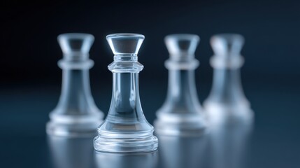 Transparent chess pieces on a dark background, representing strategy, competition, and intelligence in a game of chess and its tactical components