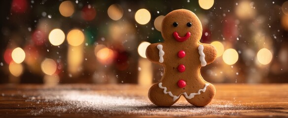 The Gingerbread Man Standing on Snowy Table with Festive Bokeh Holiday Lights