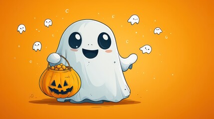 Cute cartoon ghost holding a pumpkin basket with candies, surrounded by smaller ghosts.