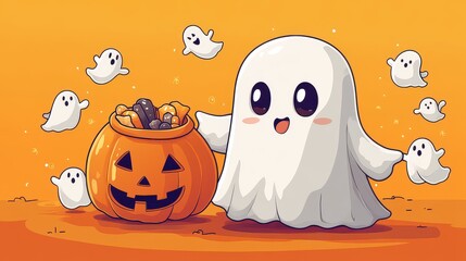 Cute cartoon ghost with pumpkin candy.