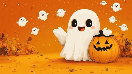 Cute cartoon ghost with pumpkin in autumn.