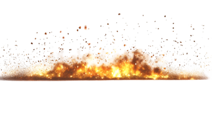 Intense ground level explosion effect with bright orange fire sparks and debris scattering across the frame on transparent background