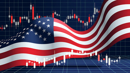 American flag with stock market chart background, illustrating economic trends USA