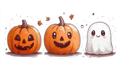 Cute cartoon pumpkins and ghost Halloween illustration.