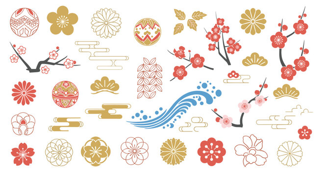 Large collection of traditional Japanese design elements, including plum blossoms, waves, clouds, and chrysanthemums in red and gold.