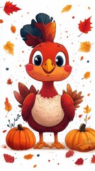 Cute cartoon rooster with pumpkins and autumn leaves.