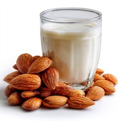 Almond milk in a glass with almonds on white background