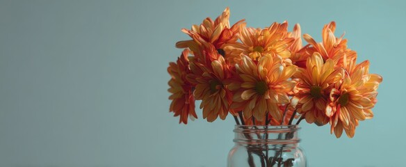 The Chrysanthemum Bouquet in a Glass Jar on a Teal Background