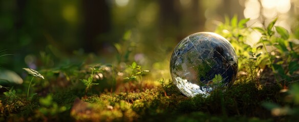 The glass globe resting on a mossy forest floor with dappled sunlight