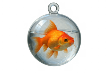 Goldfish swimming in glass bauble ornament with water, suspended, isolated on transparent background, pet decoration concept