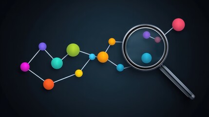 Colorful molecular structure under a magnifying glass showcasing scientific exploration and discovery in modern research and education graphics