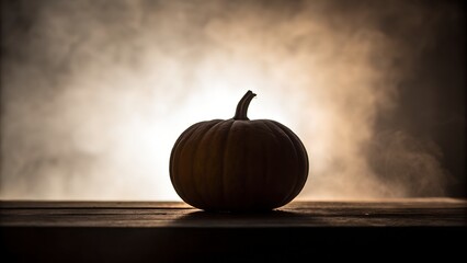 Silhouette of a single pumpkin on a wooden table in a spooky foggy atmosphere