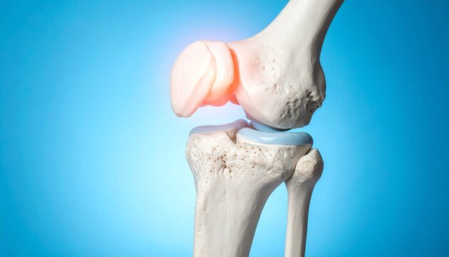 Anatomical illustration of human knee joint with glowing red patella indicating pain or inflammation.