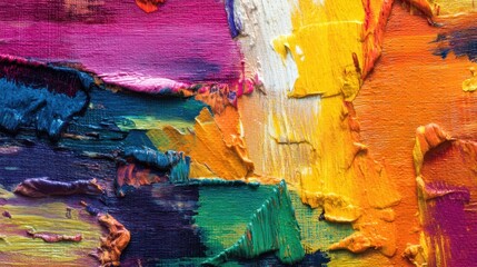 Bright colors are spread across the canvas with thick strokes of paint. Various hues blend together while an artist works on a colorful piece in a studio.