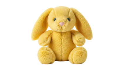Adorable yellow plush bunny toy isolated PNG, soft stuffed animal for kids and Easter decoration on transparent background