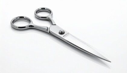 Obraz premium Stainless steel hair cutting scissors with sleek blades and ergonomic finger rest on white surface.