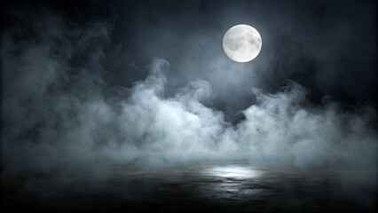 Mysterious moonlit night with foggy atmosphere and dark water