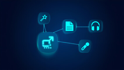 Glowing blue icons connected in a network on dark background technology connection