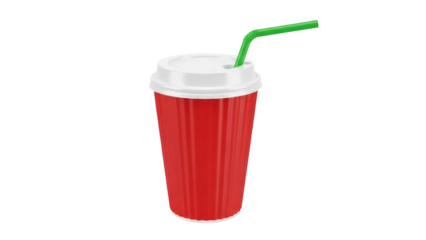 Red paper cup with green straw isolated PNG, disposable drink container for coffee or soda on transparent background