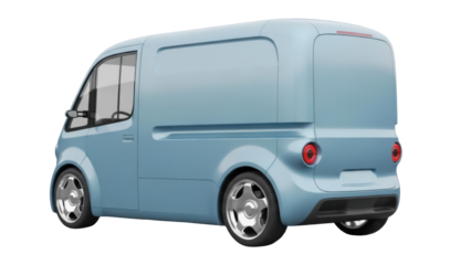 Light blue delivery van PNG isolated on transparent background, modern electric vehicle for urban logistics and express transportation