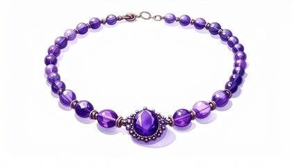Purple beaded necklace in circular arrangement with ornate central bead and symmetrical gradient design.