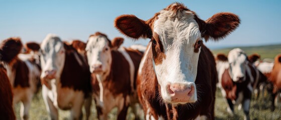 The cows standing in a sunlit pasture under a clear blue sky