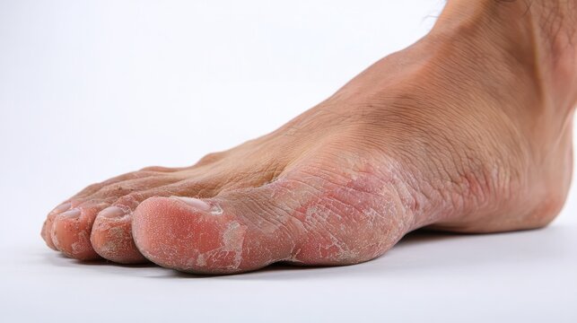 Close-up of human foot with fungal infection showing red and peeling skin, isolated on white background. Medical condition, dermatology, podiatry and healthcare concept.