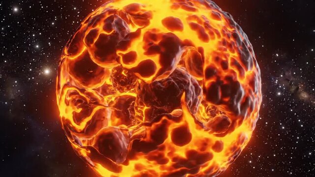 P267-Abstract glowing energy sphere on dark background. Lava orb made of luminous liquid of orange and ye 4K 10s