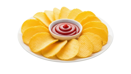 Golden rippled potato chips with ketchup isolated on transparent PNG, crispy snack food for party and picnic, fast food appetizer