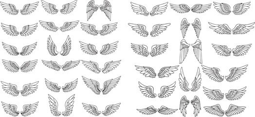 Angel wing doodle pen drawn icon set. Outline drawing angel wings line clipart symbol collection