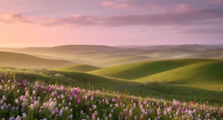 Serene landscape with rolling green hills and vibrant wildflowers