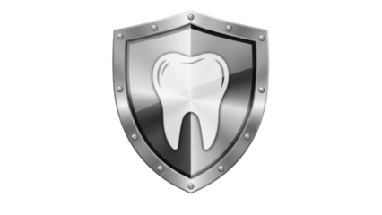 Silver shield with tooth isolated PNG on transparent background, dental protection and oral hygiene concept for healthcare and medical use