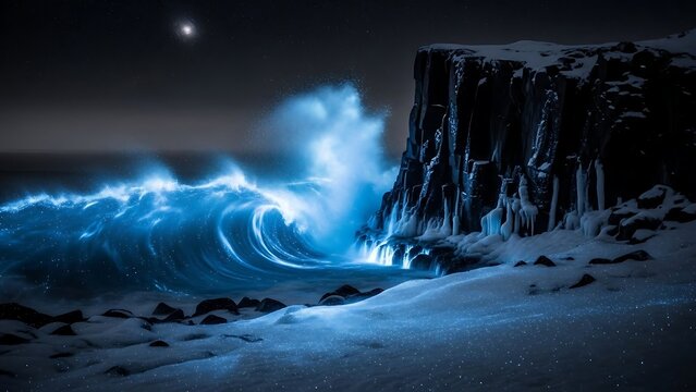 Bioluminescent waves crashing on rocky coastline at night. - Powered by Adobe